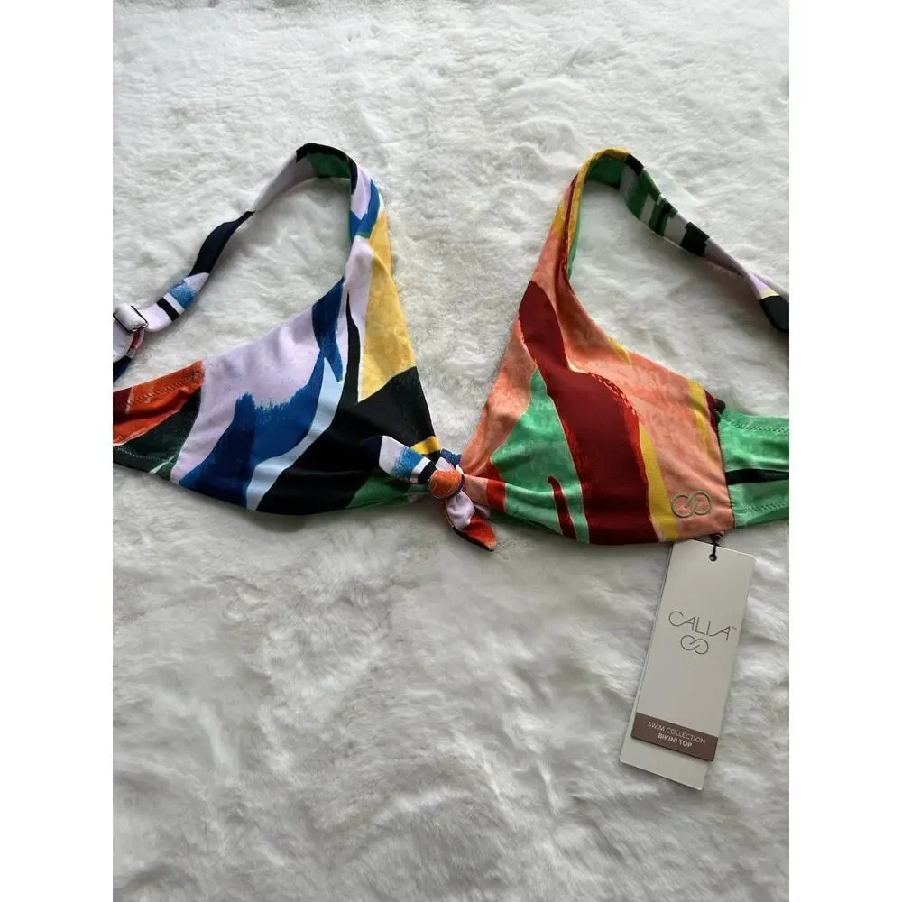 Calia Women's Tie Front Bikini Top Only‎ Painterly Art Multicolor NWT Sz X-small